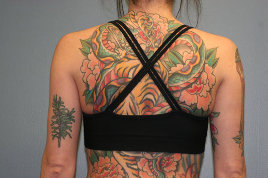 Black Double Sports Bra w Peach Logo