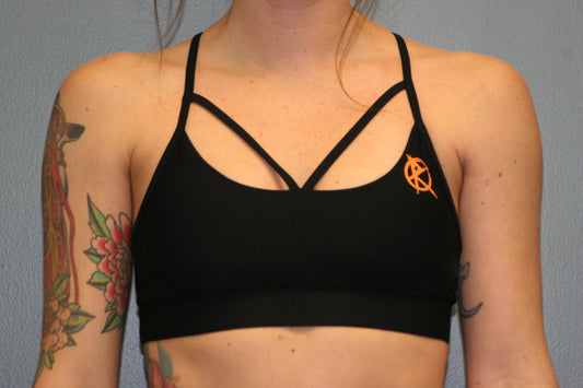 Black Cross Sports Bra w Orange Logo
